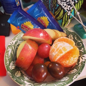 A sampling of a late lunch I had one day.  Sunbutter, Apple, Clementine and heirloom grape tomatoes.